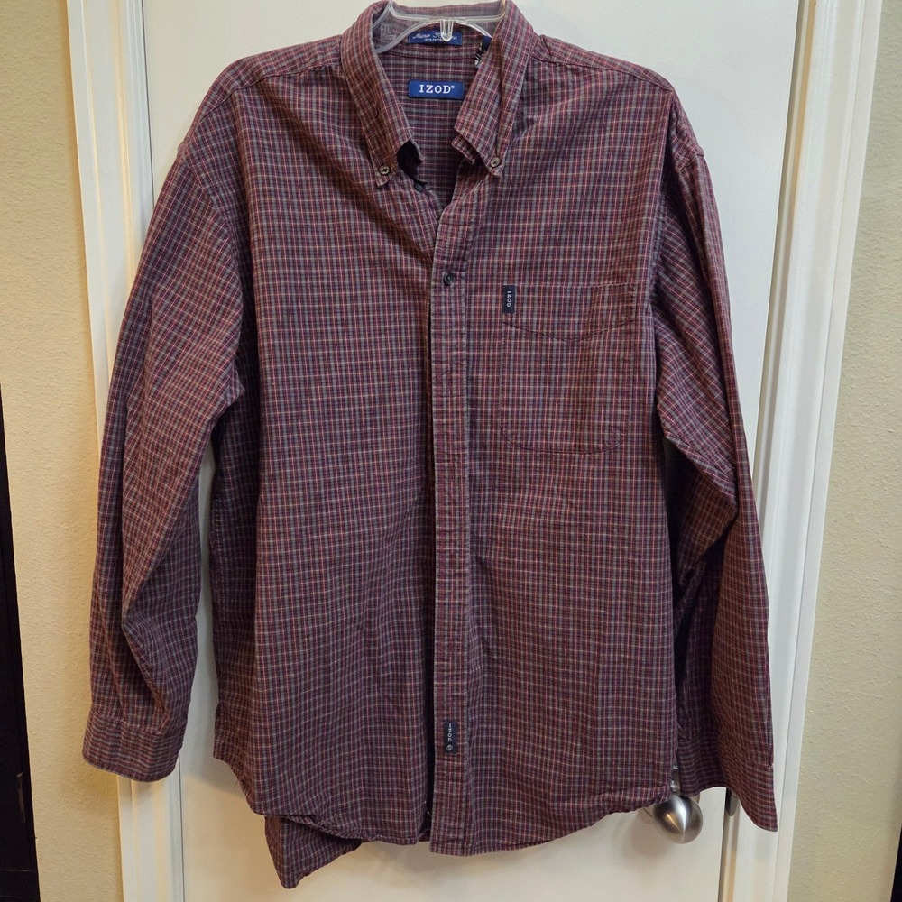 IZOD Mens Large Micro Tartans Plaid Button Down Shirt Burgundy Navy 100% Cotton